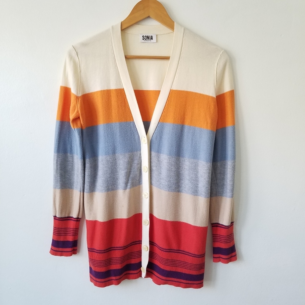 Sonia Rykiel Multi-Color Striped V-Neck Button Front Cardigan M